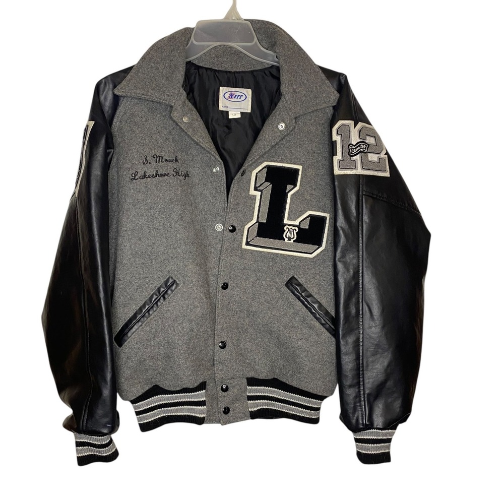 Neff Lakeshore High 2012 Varsity Band Jacket Gray Wool Black Leather Mens Large